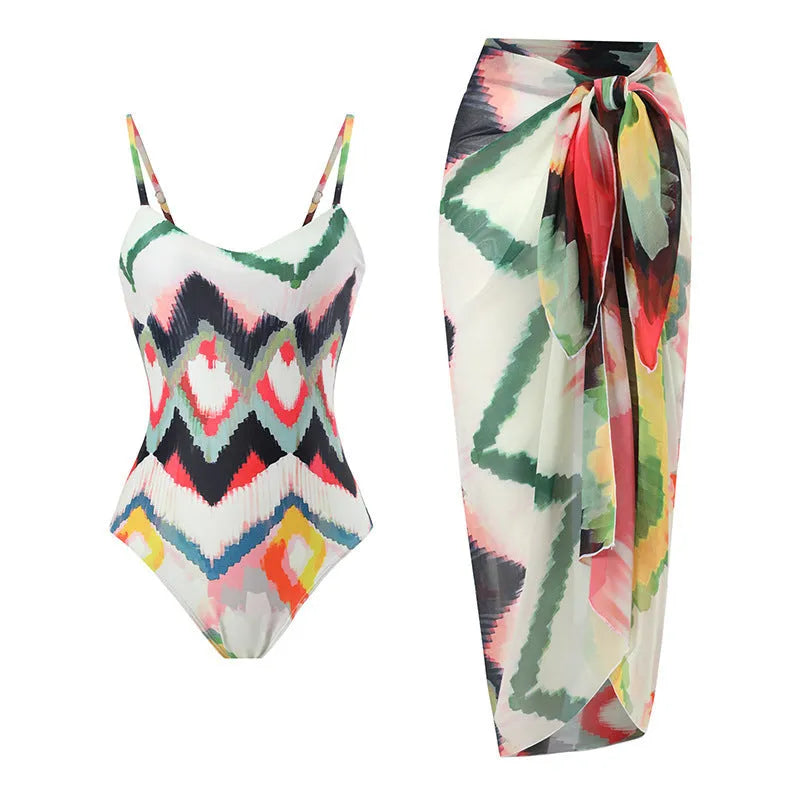 Women's swimsuit options: one-piece, two-piece, and style with detachable hip skirt in printed polyester fabric.