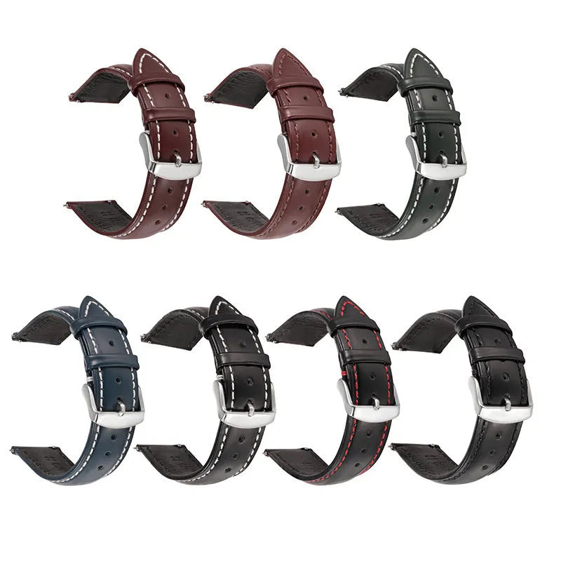 Quick-release leather watch strap in bright cowhide, shown in multiple colour and width options.