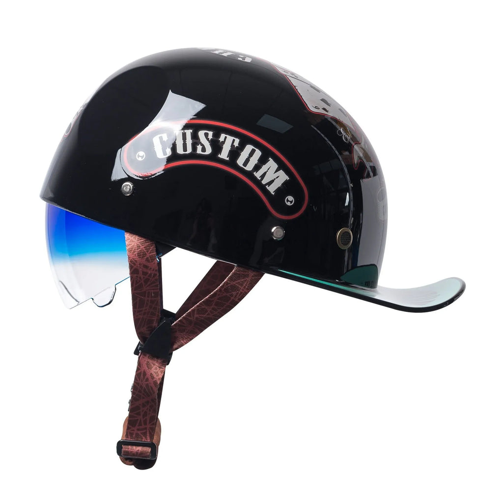 Men's retro electric bicycle helmet with bright black colour and gradient blue lens