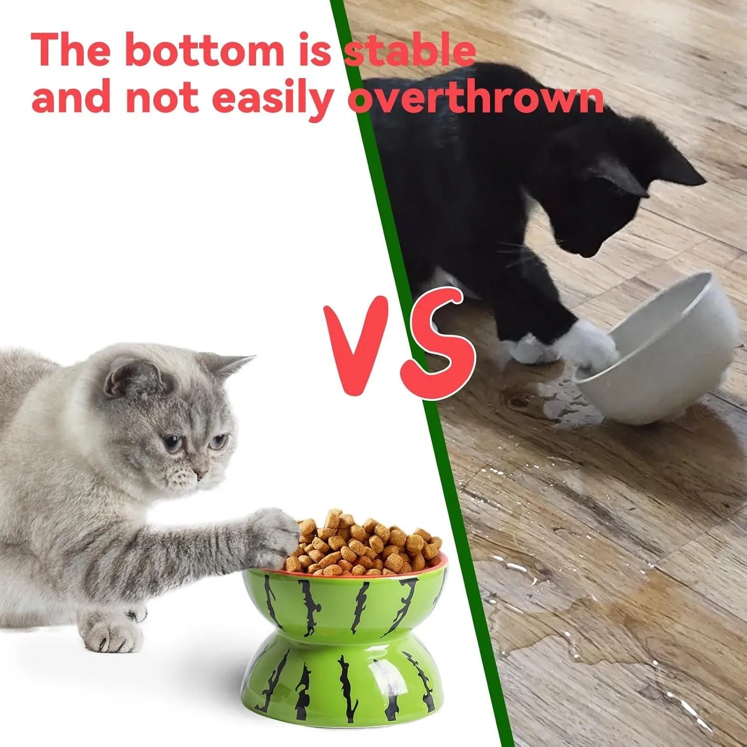Orange ceramic raised cat bowl with tilted design and non-slip base on a table.