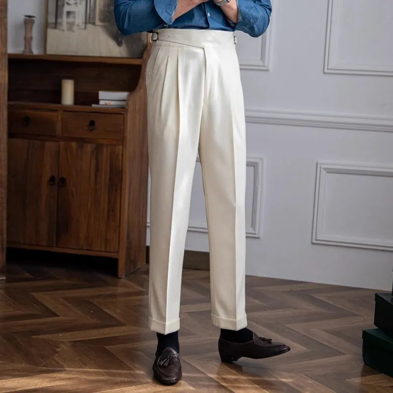Man wearing black high-waist straight-leg casual polyester trousers.