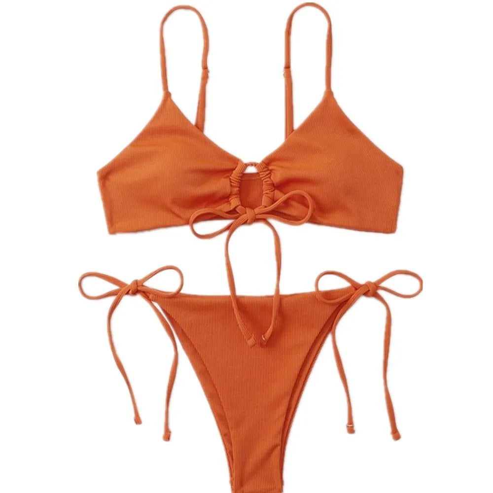 Women's solid colour drawstring triangle bikini top and high-leg briefs swimsuit set.