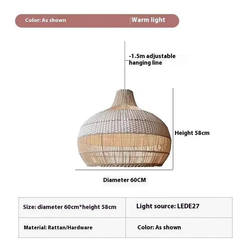 Woven rattan chandelier light fixture with a 60cm diameter in a pastoral Southeast Asian style.