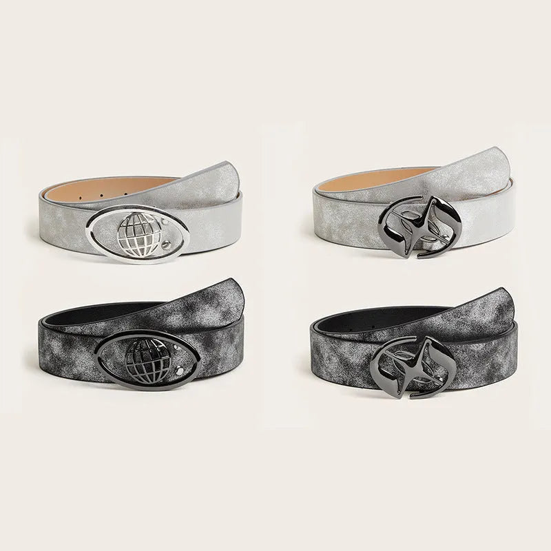 Retro style thick women's belt with oval alloy buckle on PU leather in grey white colour.