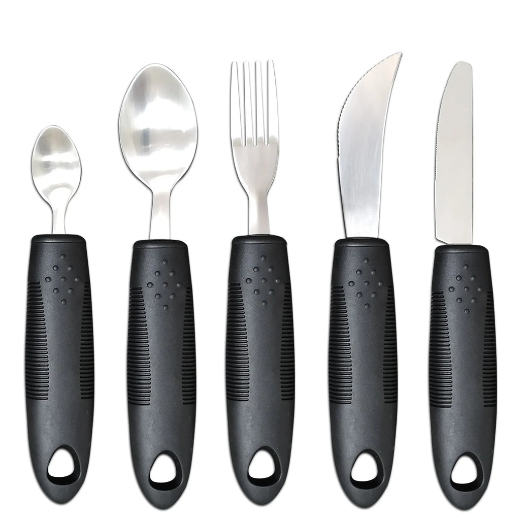Stainless steel adaptive utensils with rubber handles in black and grey colour options