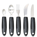 Stainless steel adaptive utensils with rubber handles in black and grey colour options