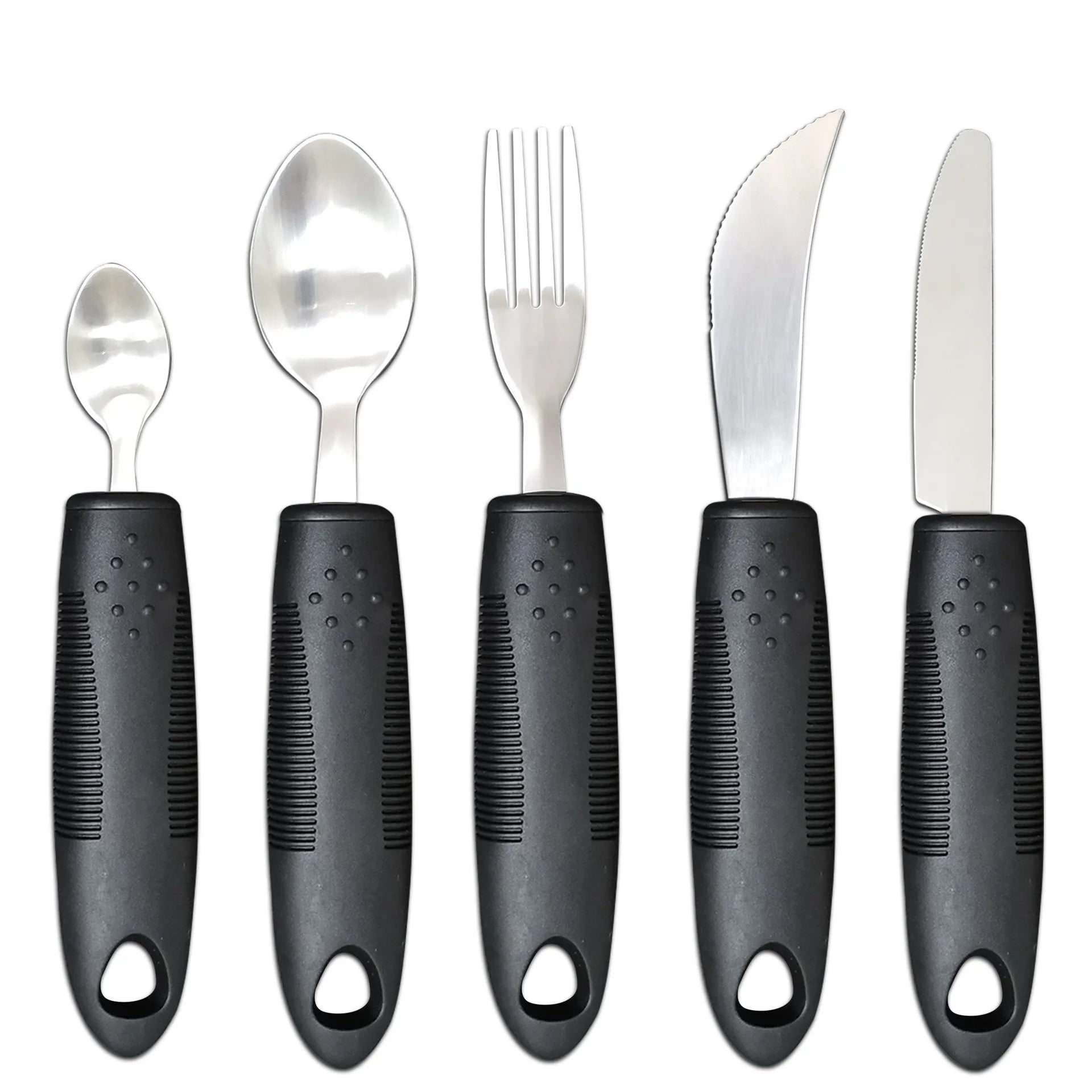 Stainless steel adaptive utensils with rubber handles in black and grey colour options