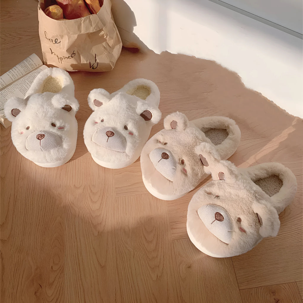 Women's cartoon cute plush slippers in khaki colour with suede upper and round toe.