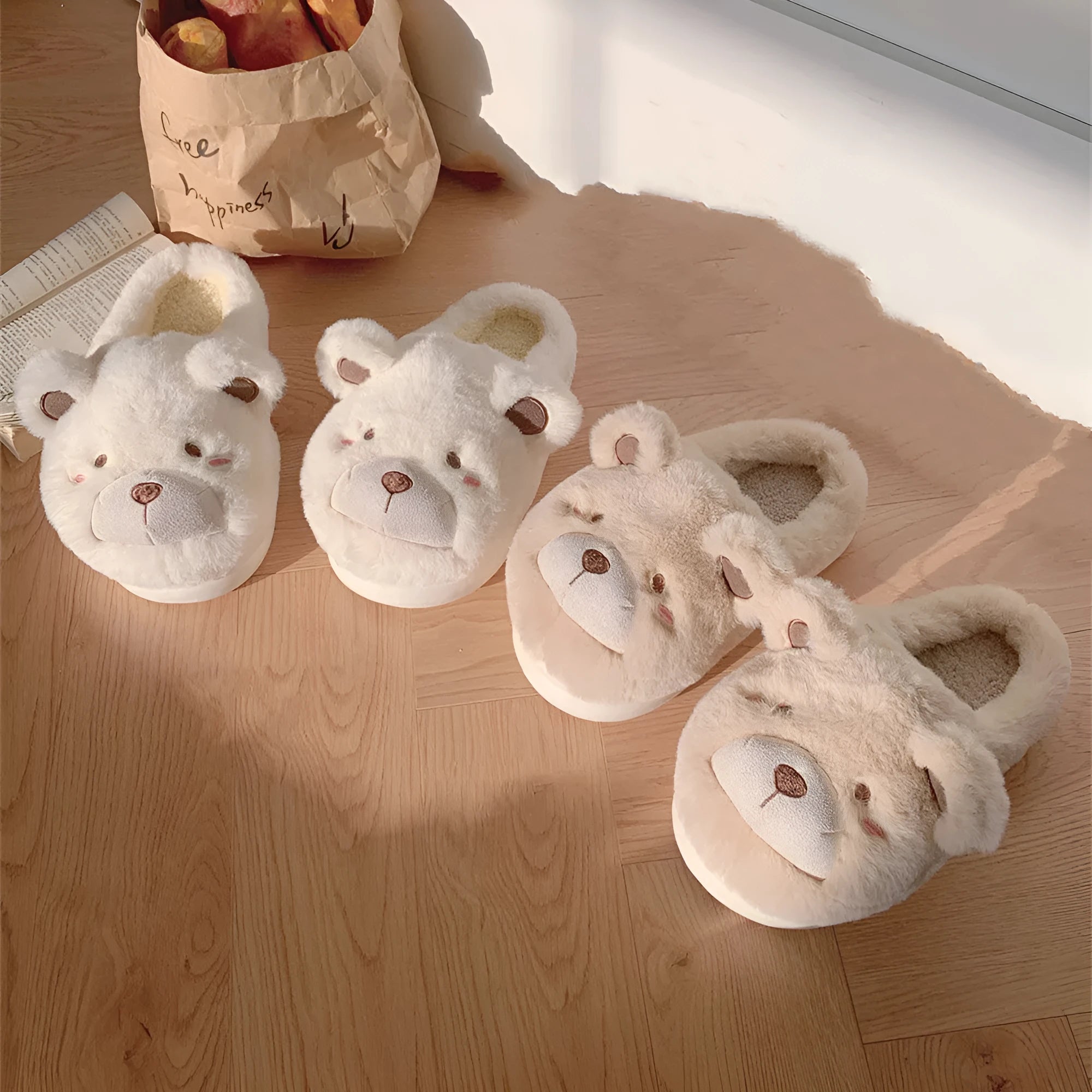 Women's cartoon cute plush slippers in khaki colour with suede upper and round toe.