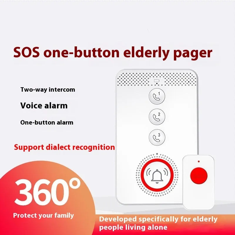 White one-click voice emergency alert device with a buzzer and three remote panic buttons.