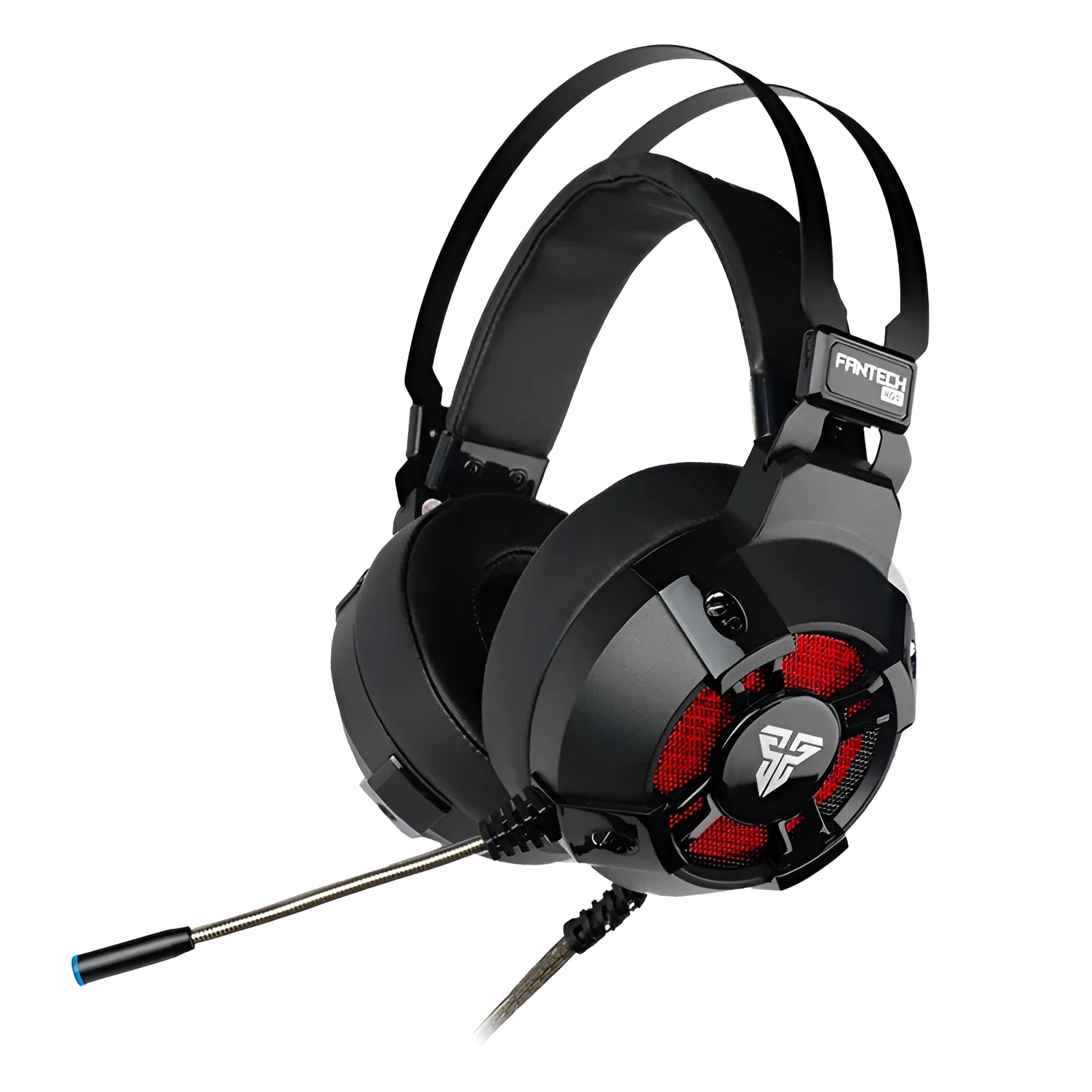 Black FANTECH HG11 over-ear gaming headset with RGB lighting on the earcups and a USB cable.