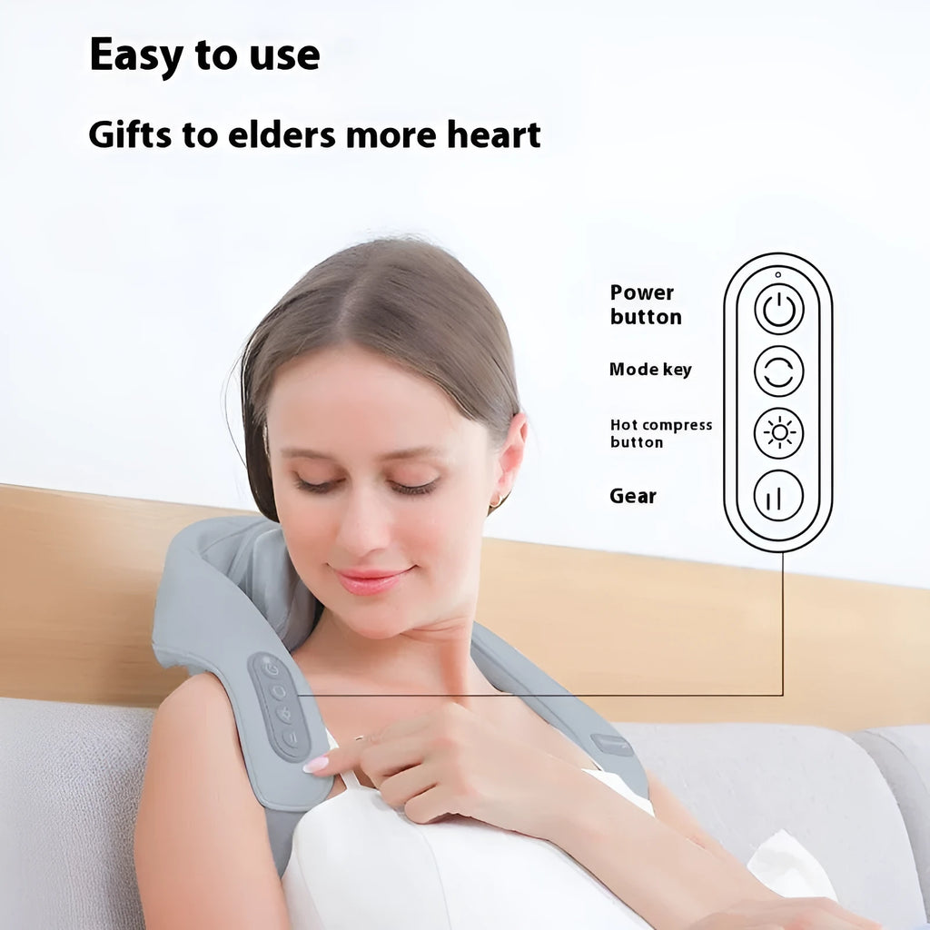 Grey elastic fabric neck and back massager with infrared physiotherapy function and USB charging port