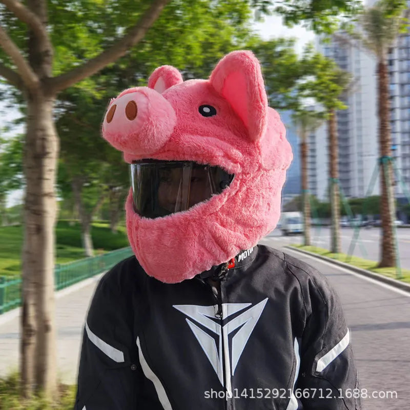 Pink pig cartoon plush protective hood for motorcycle helmets made from PV velvet cloth