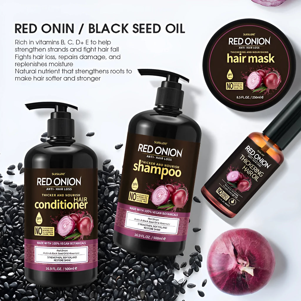 Red onion shampoo and conditioner set showing four bottles: shampoo, conditioner, hair mask, and essential oil.