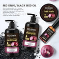 Red onion shampoo and conditioner set showing four bottles: shampoo, conditioner, hair mask, and essential oil.