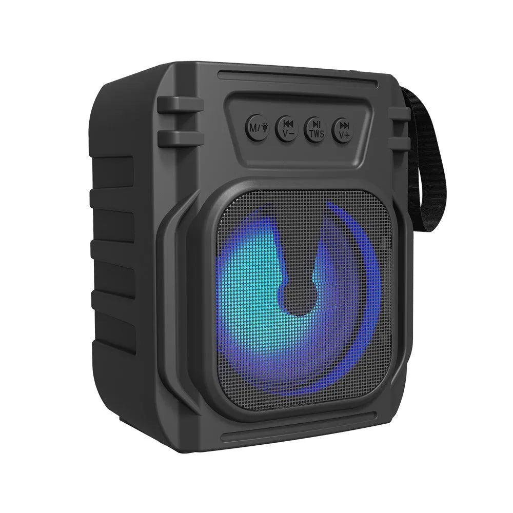 Portable Bluetooth speaker with mini card design showing compact dimensions and USB charging port