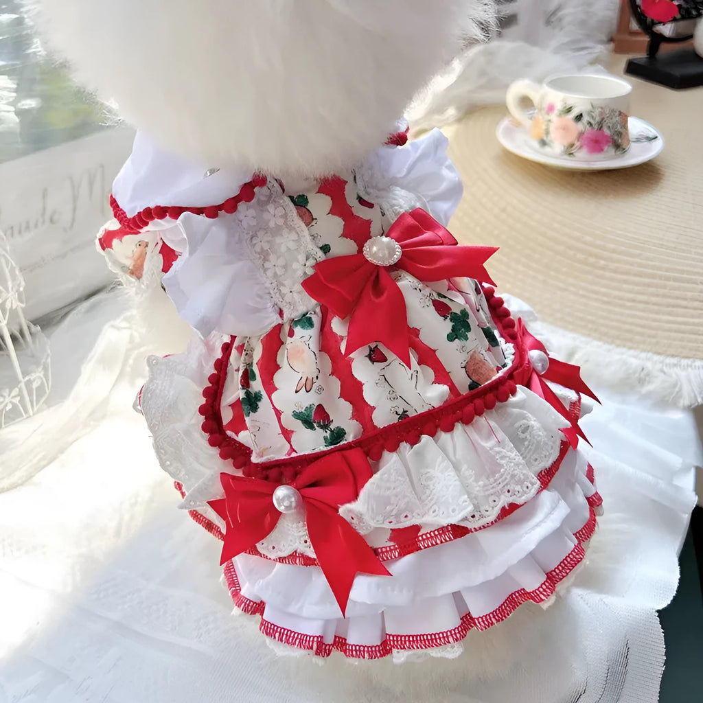 Rabbit skirt princess style dog costume in polyester shown in multiple sizes from XS to XL.