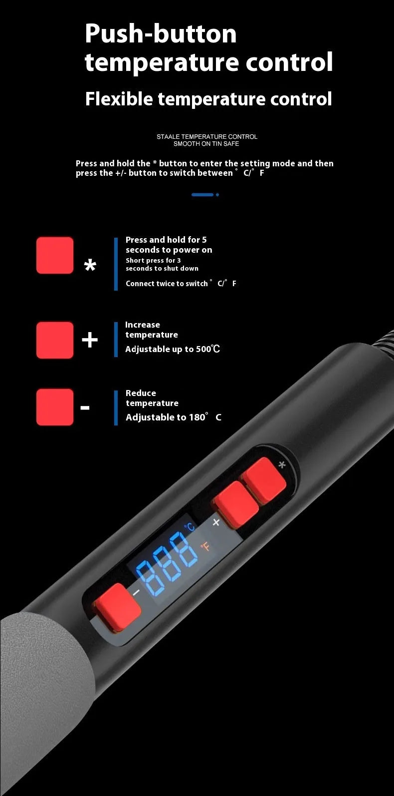Grey 90W electric soldering iron with ceramic heating core, five tips, sponge, and pen holder for electronic repairs