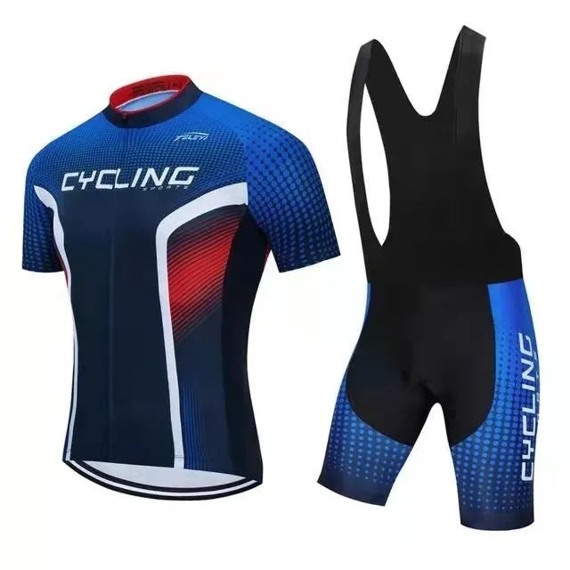 Unisex blue cycling jersey and pants set for summer mountain and road biking
