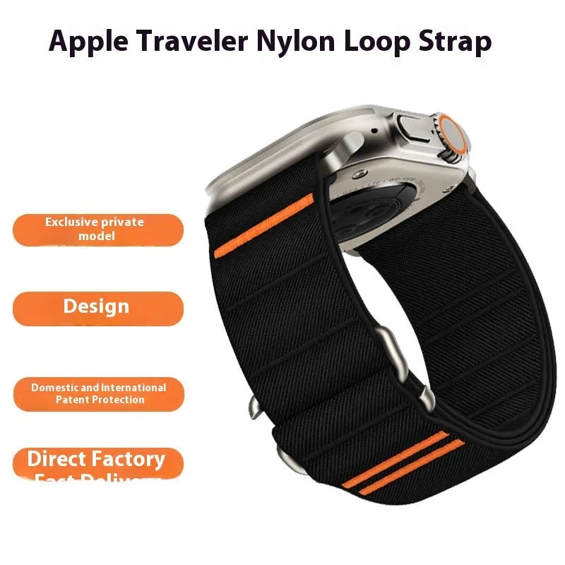 Elastic nylon Apple Watch replacement band with stainless steel buckle in multiple colour options.