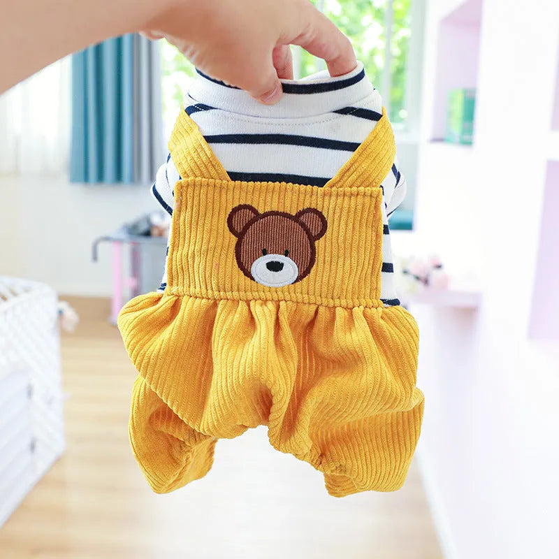 Bread bear design teddy fleece-lined dog overalls for small to medium dogs, polyester material, four-leg style