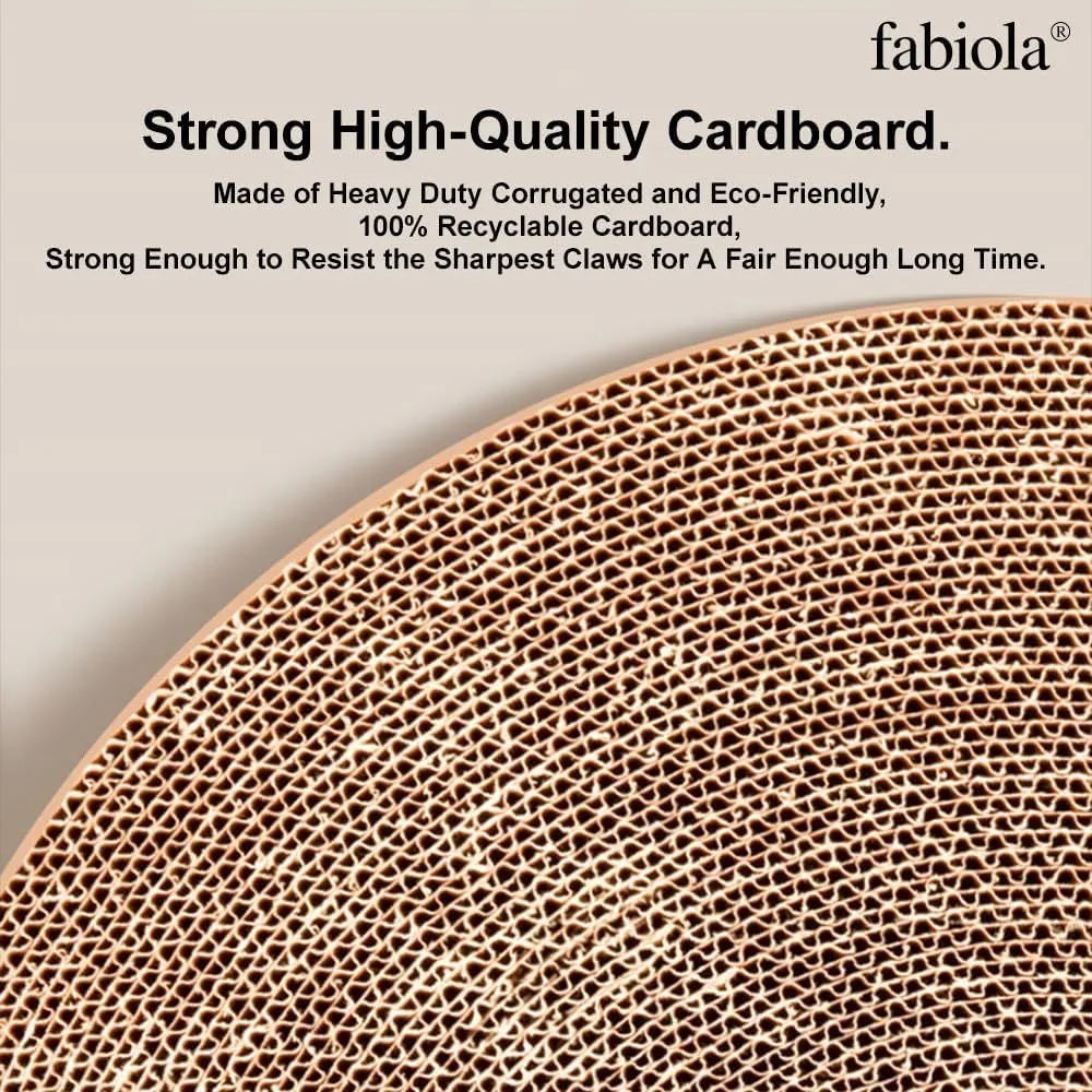 Large circular cat scratching board with integrated ball toys measuring 45cm diameter