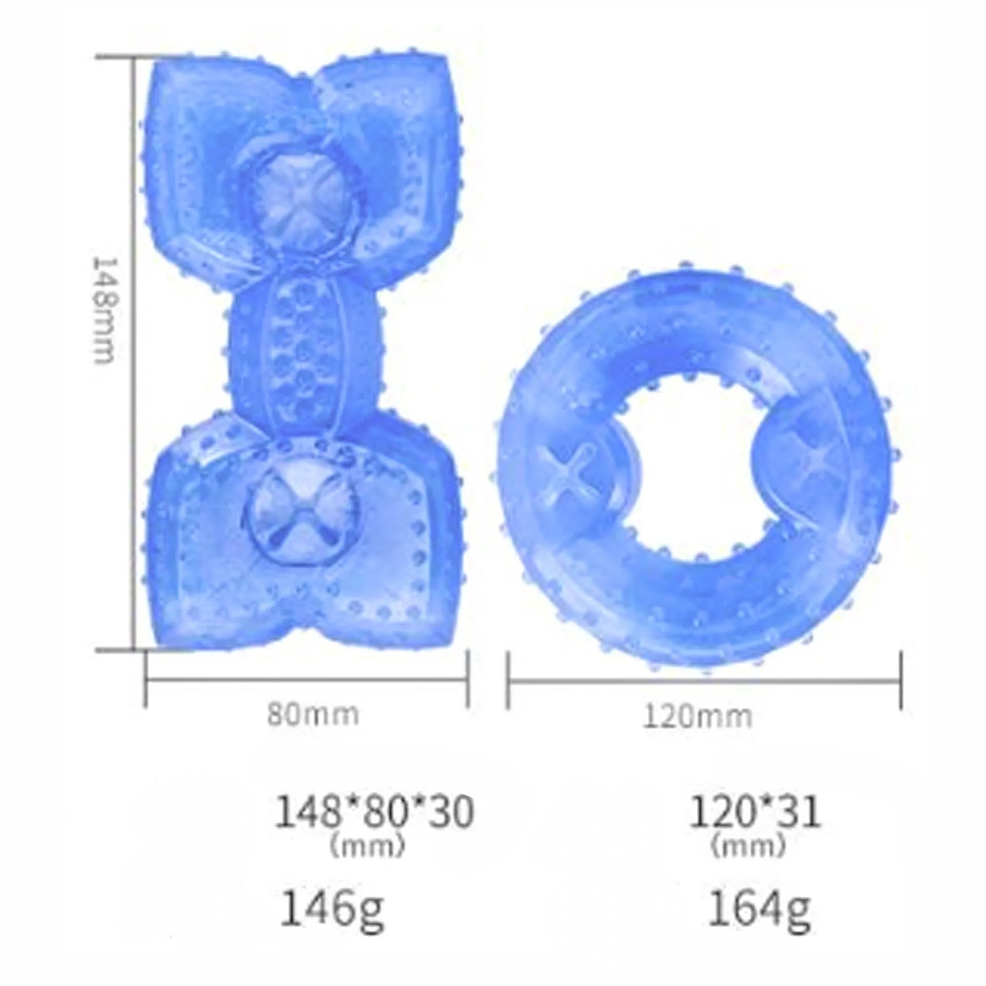 Freezable bone-shaped and circle-shaped dog chew toy for cooling and teething relief.
