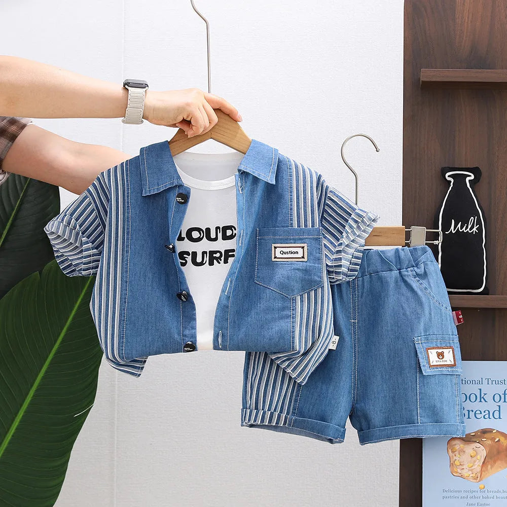 Cotton boy denim short sleeve three-piece suit in solid colour with letter print, size options 80-120cm