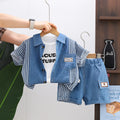 Cotton boy denim short sleeve three-piece suit in solid colour with letter print, size options 80-120cm