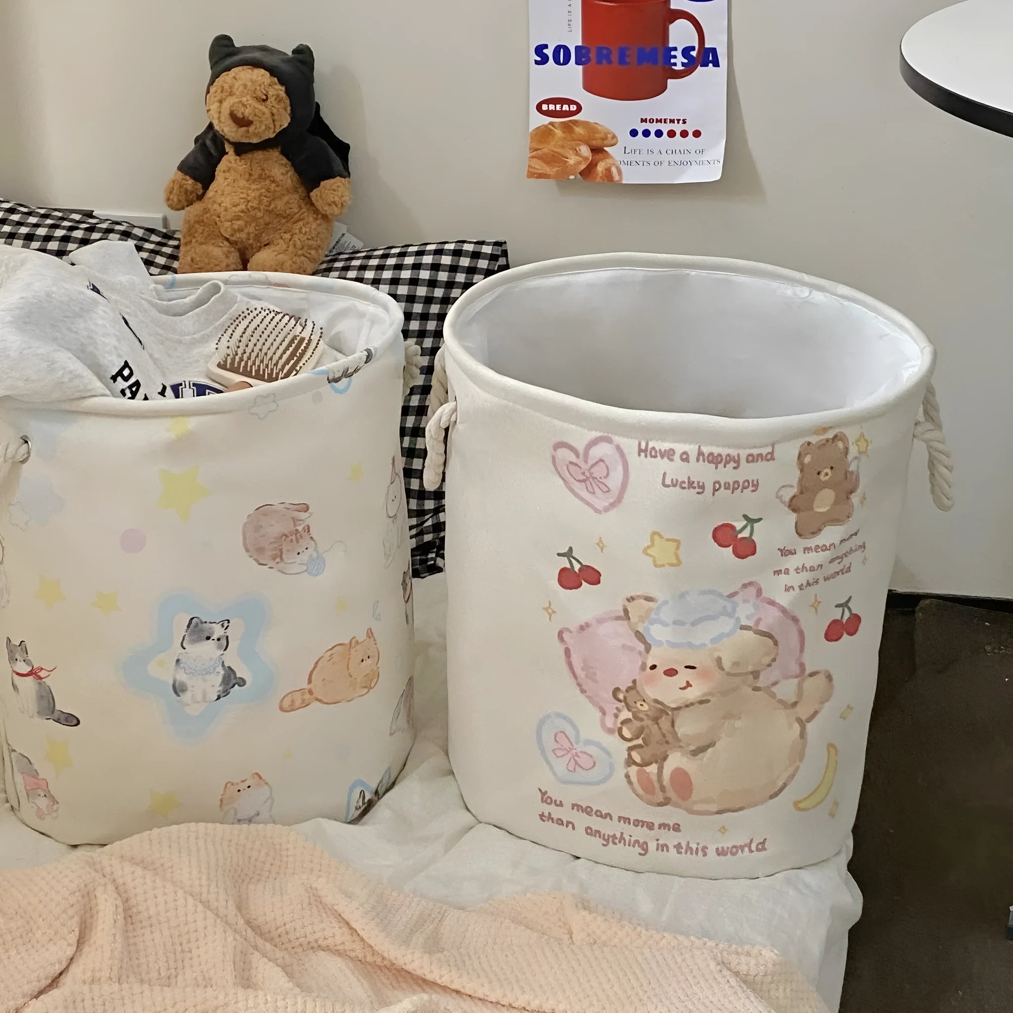 Foldable cotton laundry basket in decorative pattern options including Good Night Bear and Mint Green Western Highland