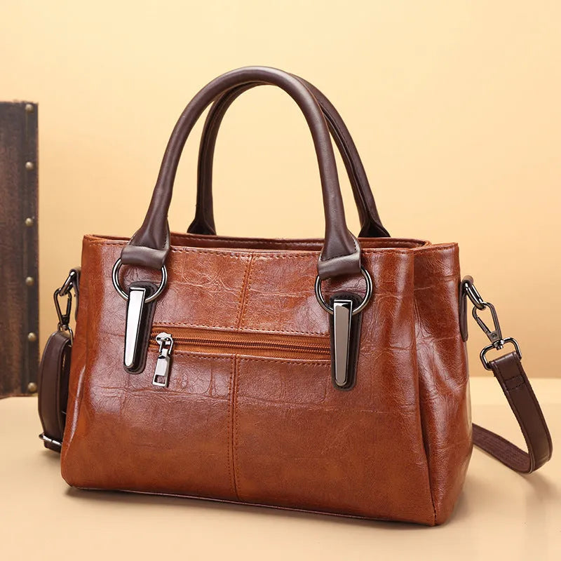 Retro contrasting color large capacity horizontal square shoulder bag with single strap and zipper compartments in PU material
