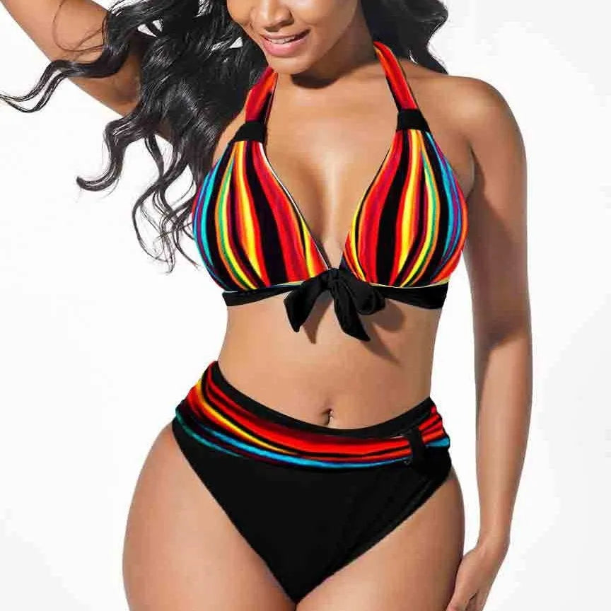 Women's colourful printed plus size bikini swimsuit in polyester spandex fabric