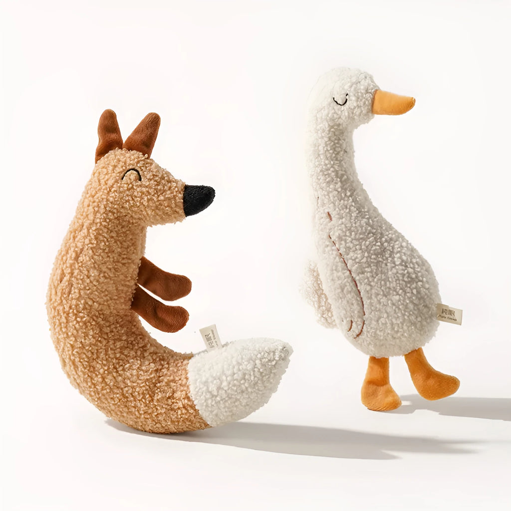 Cartoon plush dog chew toy in fox or duckling design with sound paper squeaker