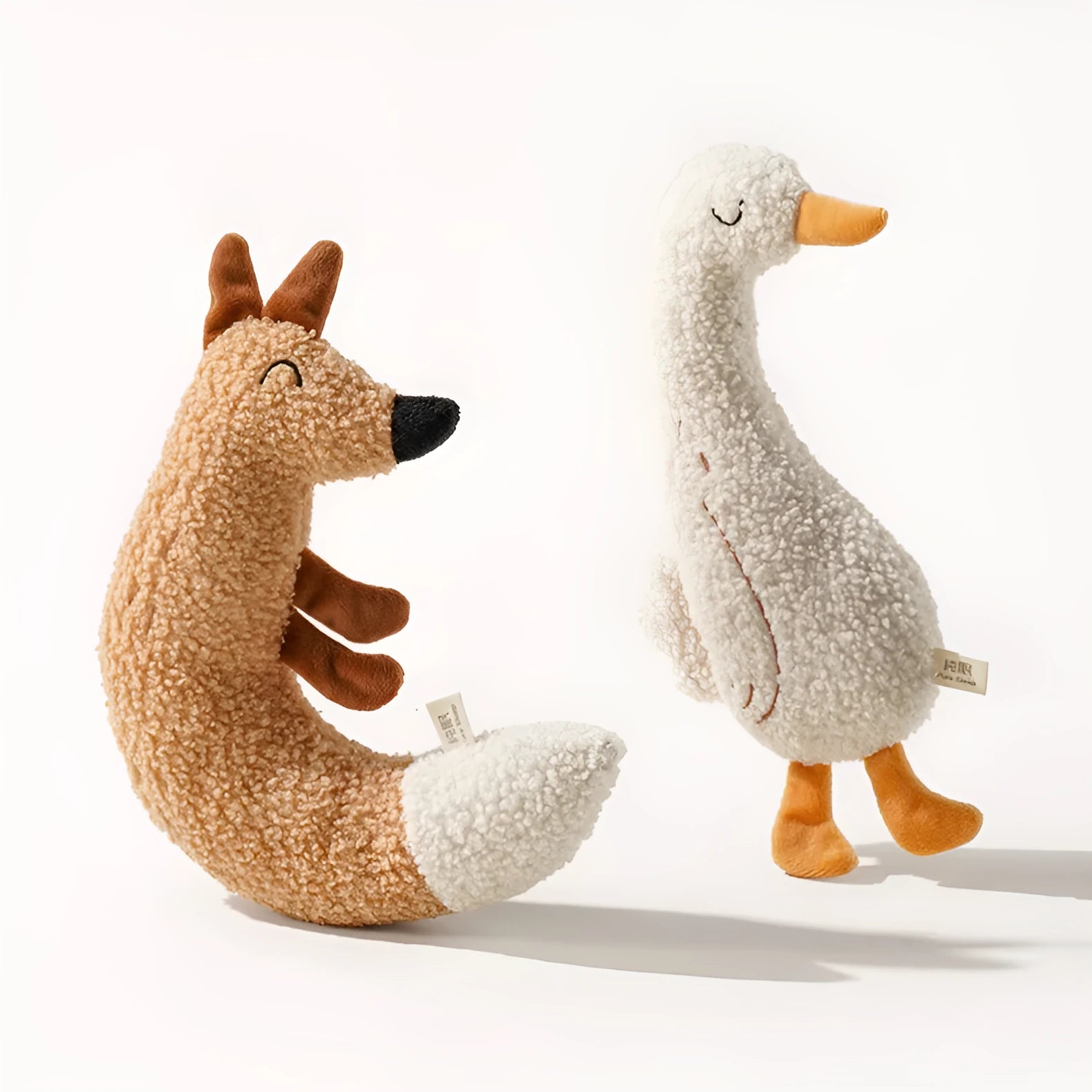 Cartoon plush dog chew toy in fox or duckling design with sound paper squeaker