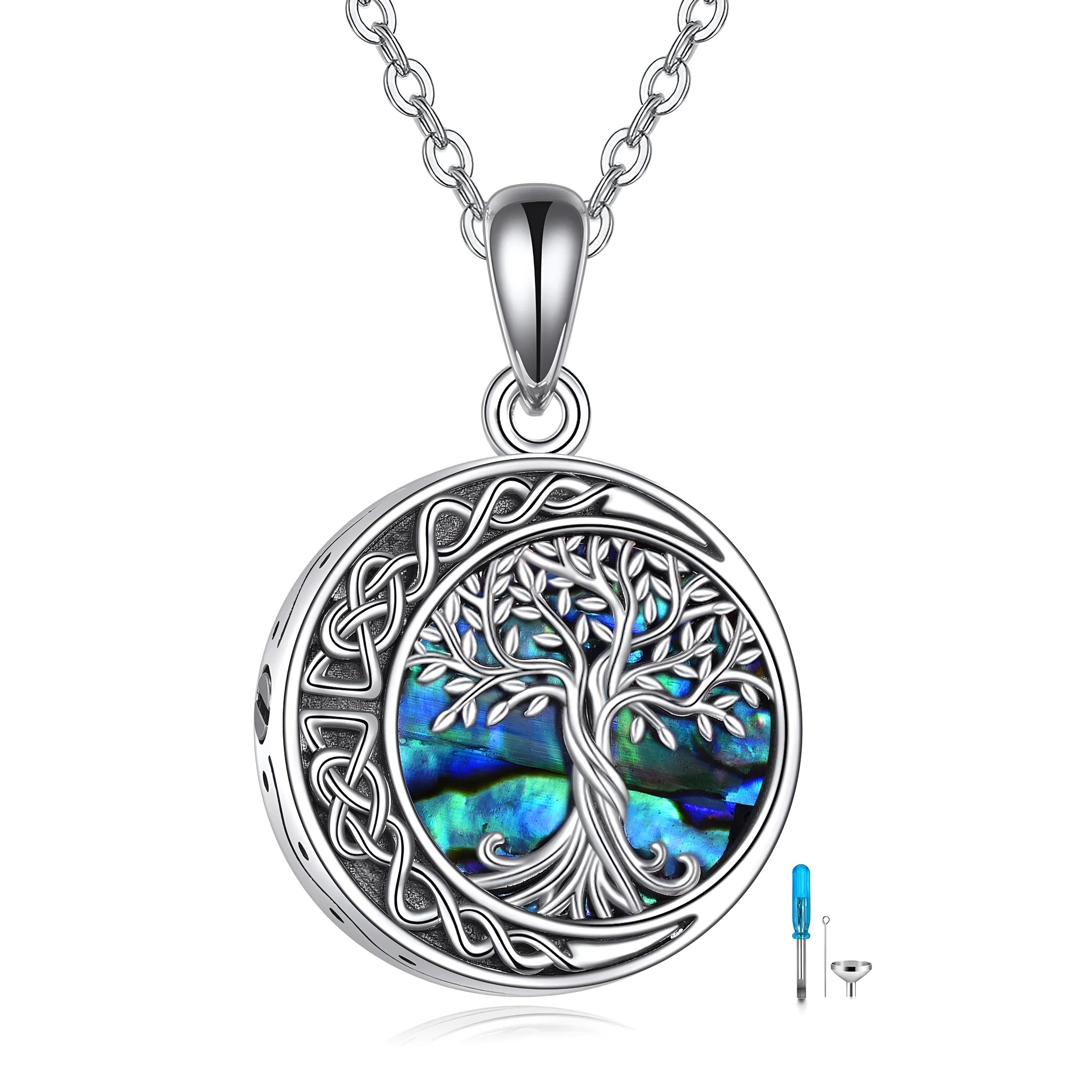 Sterling silver Tree of Life urn necklace with abalone shell stone on 18 inch chain, white gold plated finish