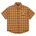 Yellow grid patterned plaid shirt with American embroidery pocket and short sleeves