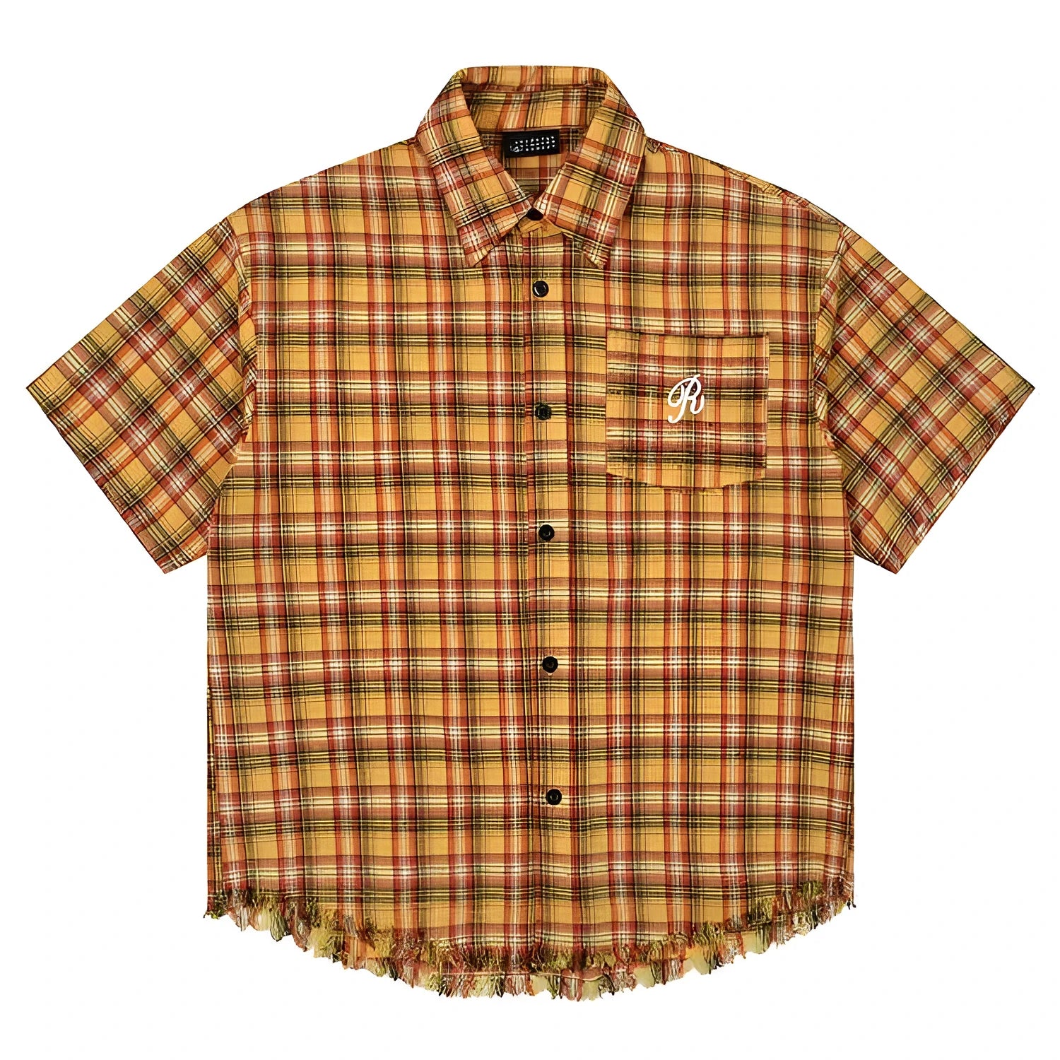 Yellow grid patterned plaid shirt with American embroidery pocket and short sleeves