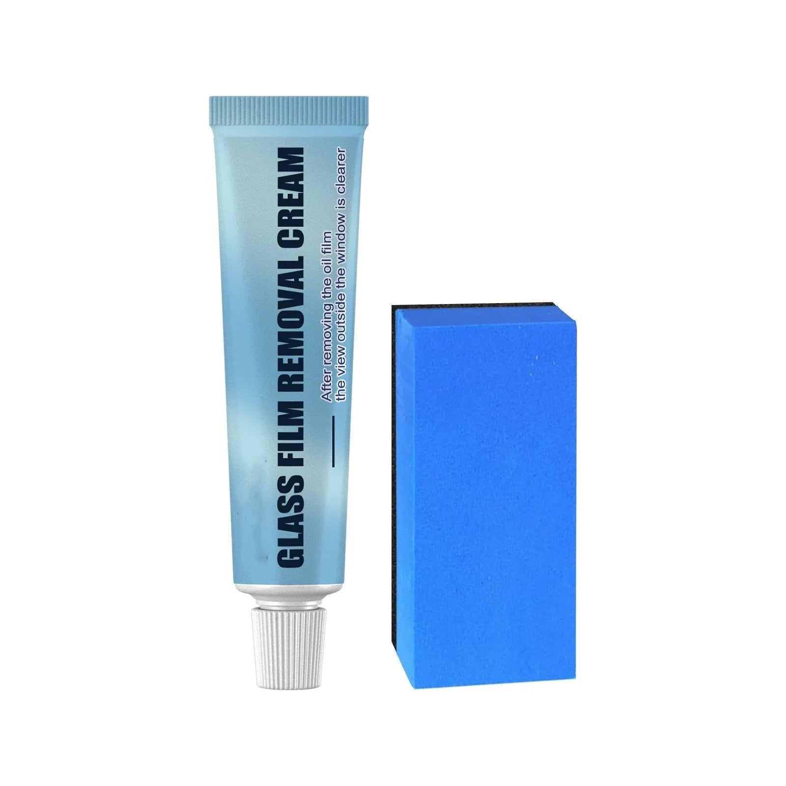 Blue car glass oil film remover tube and soft sponge applicator on a white background.