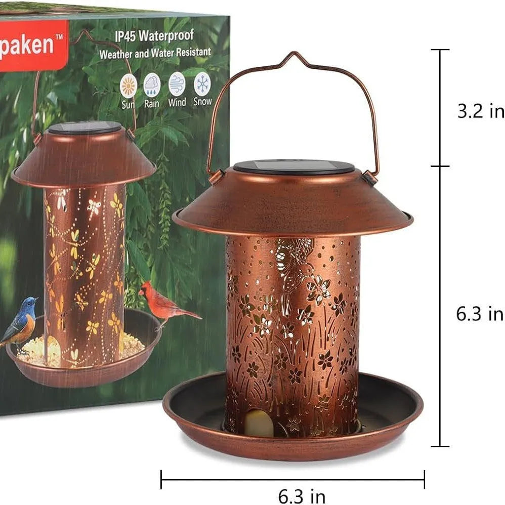 Solar-powered iron bird feeder garden light with hummingbird pattern and waterproof IP65 rating