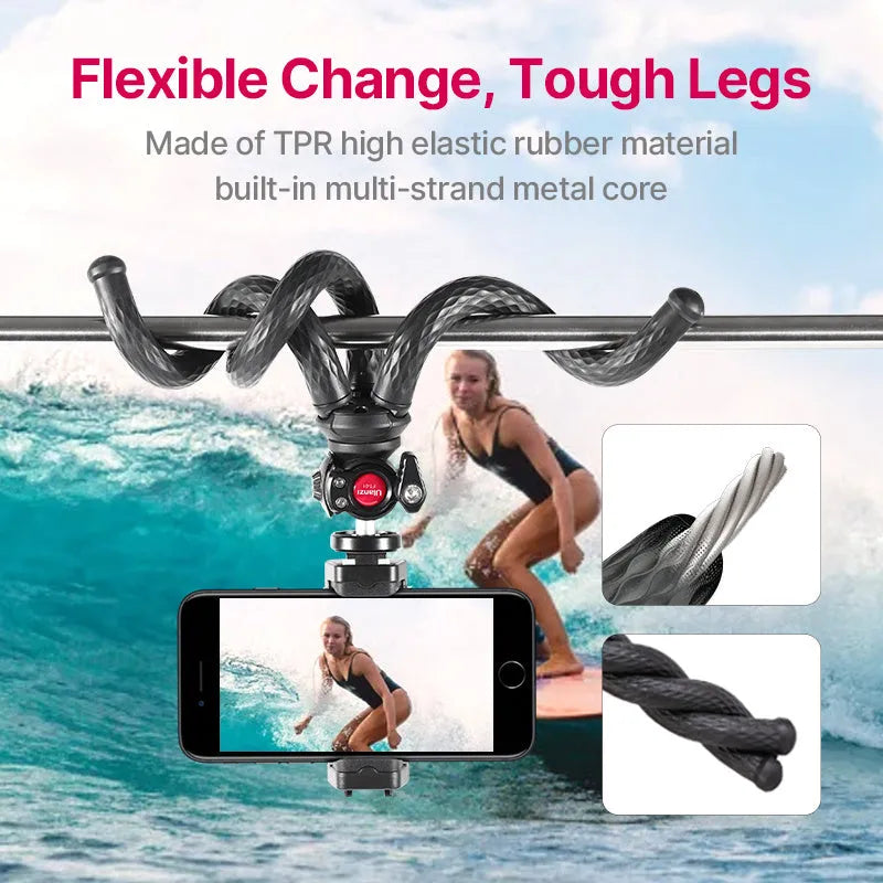 Black octopus mobile phone tripod set with aluminum alloy legs and phone clip, 360mm length