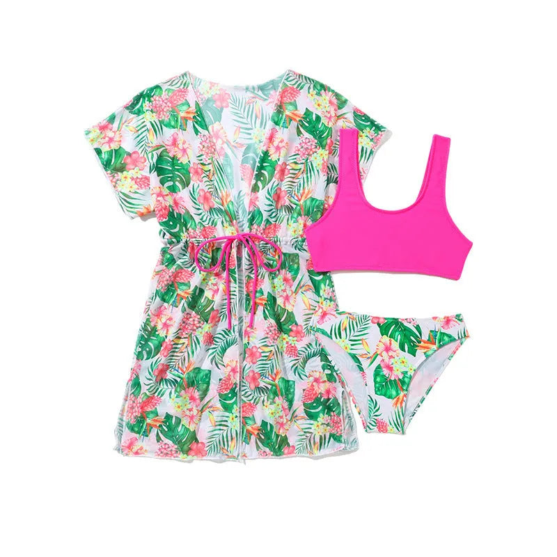 Girls' two-piece swimsuit set with split overclothes in floral print, sizes 130-160cm