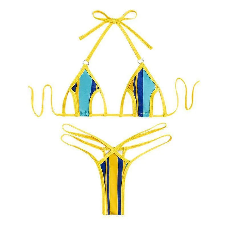 Yellow women's one-piece split swimsuit with neck-hanging style and high-waist backless design