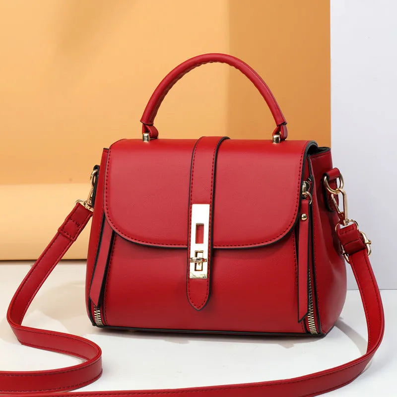 Women's soft PU leather messenger shoulder bag in square vertical design showing black, red, green and blue colour options