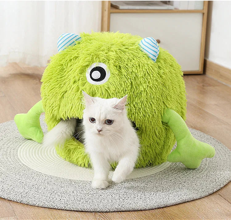 Fluffy round plush cat bed on a floor, shown in small, medium, and large sizes.