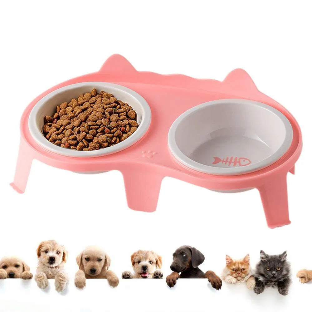 Blue ceramic pet bowl set elevated on a stand with a storage hook, showing food and water bowls.