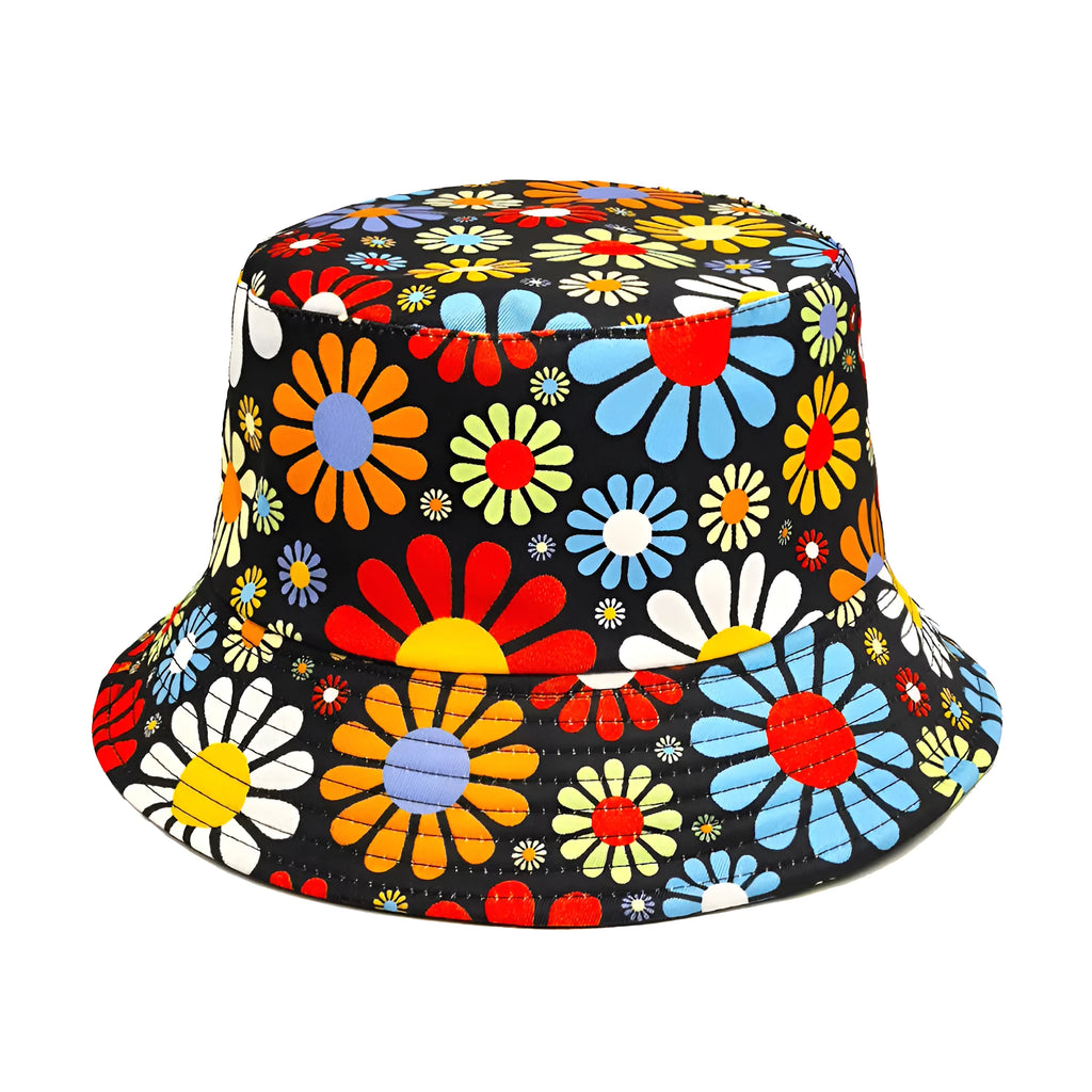 Colourful floral print polyester bucket hat with dome crown in medium size 56-58cm