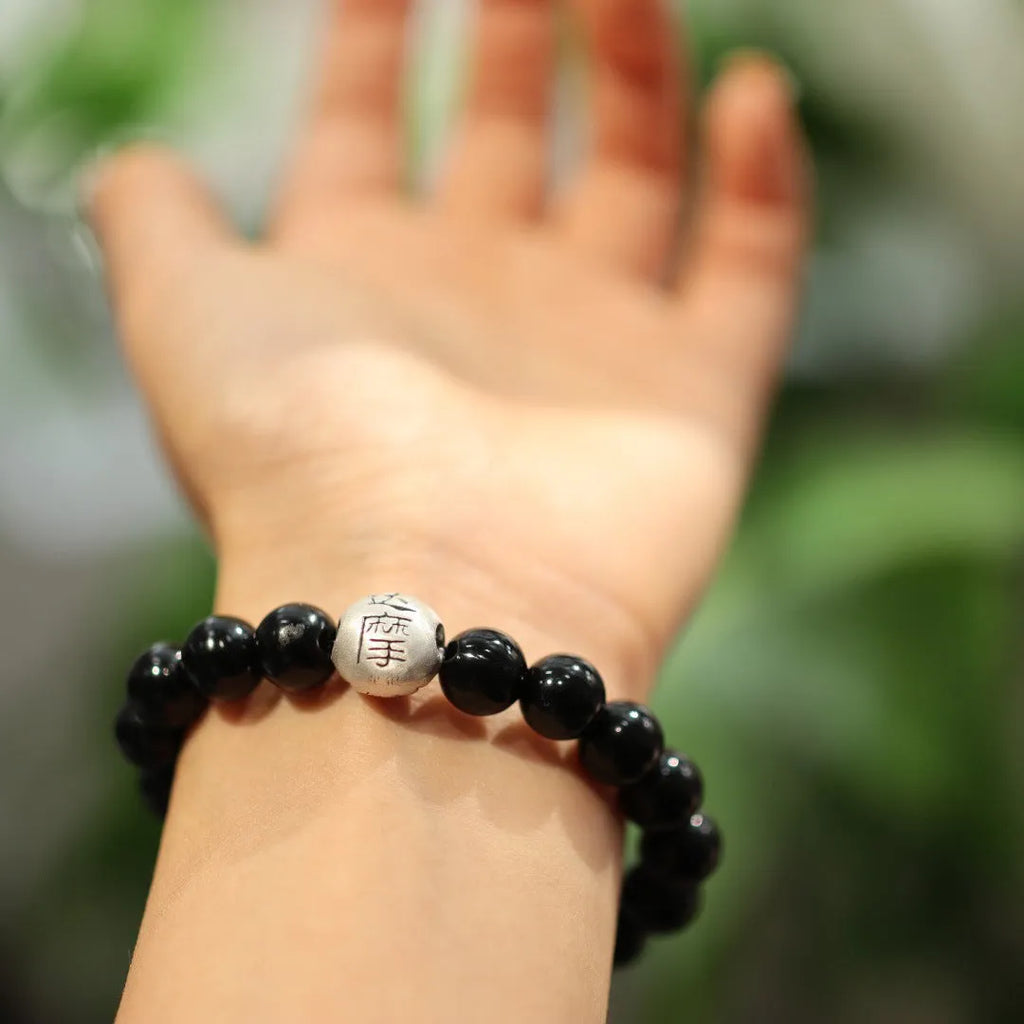Black agate and sterling silver bracelet with 10mm beads and Chinese style clasp