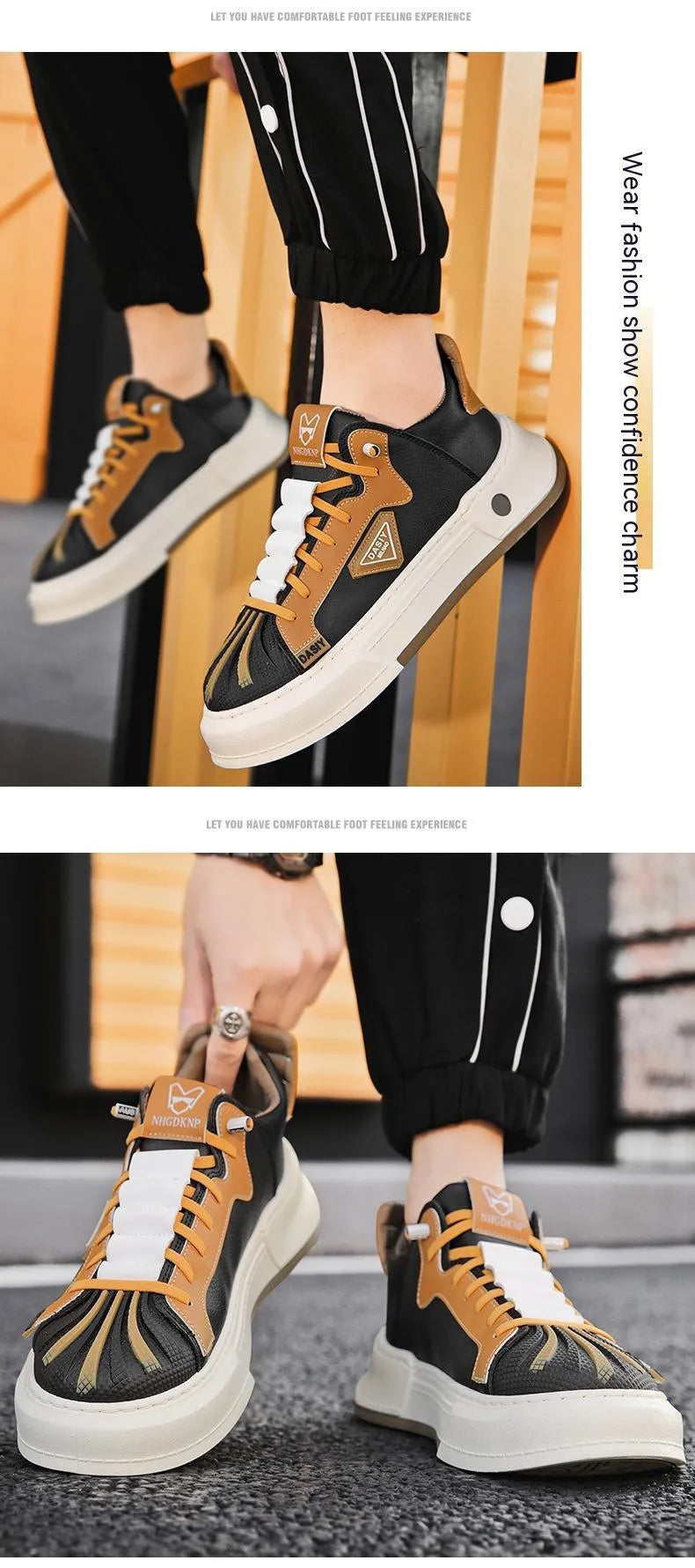 Men's beige low-top sneakers with elastic band closure and round toe on a white background.