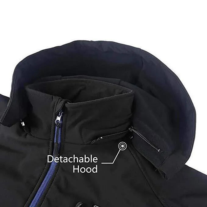 Black men's USB winter waterproof thermal coat with straight hem and zipper pockets