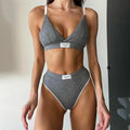 Women's embroidery bikini set with contrast colour binding in black, grey, and white colour options